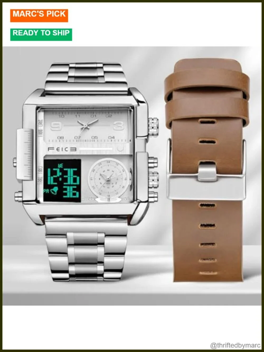 Multifunction Square Chronograph Men's Watch Leather Strap Quartz Alarm Calendar